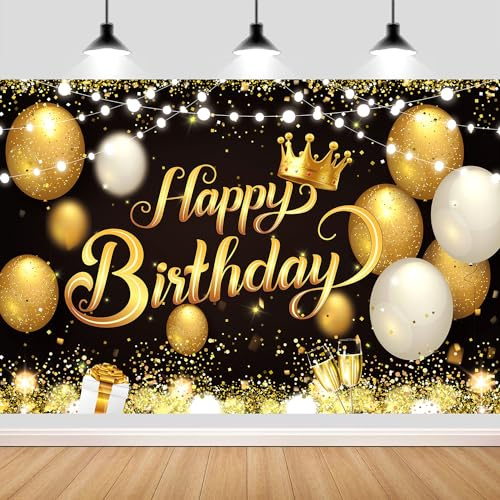 YinQin Black Gold Happy Birthday Party Photography Background Backdrop | 180x120 cm, Happy Birthday Sign Banner Cloth, with 5m Ribbon