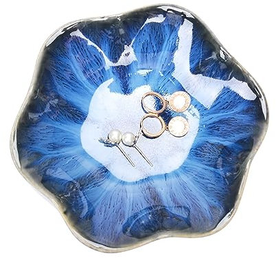 Bandeja de cerámica azul para joyas, soporte para platos pequeños para anillos, cuenco para llaves, baratijas para mesita de noche o decoración de mesa de entrada