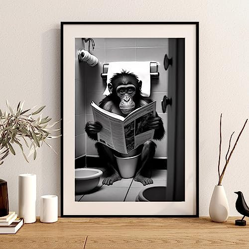 TANYANG Animaux Assis Sur Les Toilettes Lecture Un Journal Imprime Affiche Drôle Salle De Bain Mur Décor Image Singe Wc Peinture Murale 40X50Cm Sans Cadre