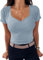 TrendiMax Damen T-Shirt Herzausschnitt Kurzarm Sommer Shirt Gerippt Slim Fit Oberteile Casual Bluse Tops (M, Blau)