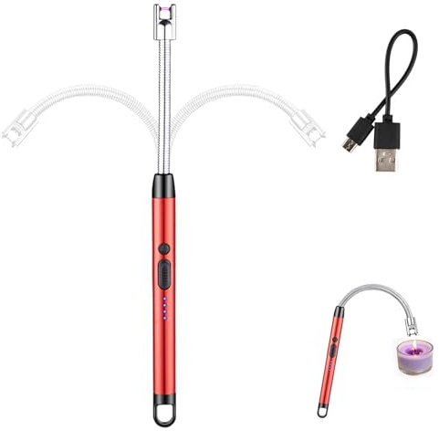 Stabfeuerzeug, Lichtbogen Feuerzeug Elektrisch mit Längerer Hals, Lichtbogen Feuerzeug, USB Aufladbar Feuerzeug Stabfeuerzeug Winddichtes, 360°Drehbarer, für Küche, Kerzen, Gasherde, Grill (Red)