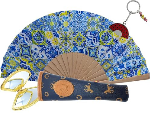 Planta Color Éventail avec étui en cuir, miroir et porte-clés, Bleu foncé avec miroir 2, taille unique