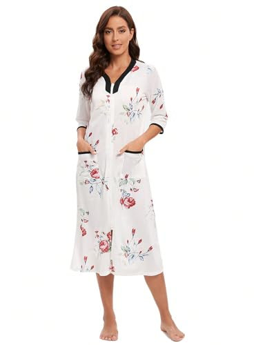 Verve Jelly Women Long House Coat Zipper Front Robes Full Length Nightgowns with Pockets Floral Loungewear White XXL