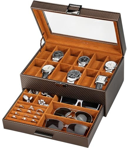 Voova Watch Boxes Organiser Jewellery Box for Men Women,2 Layer Large 12 Slot PU Leather Watch Storage Case, Glass Top Jewelry Display Holder for Watches Sunglasses Rings Necklaces Bracelets,Coffee