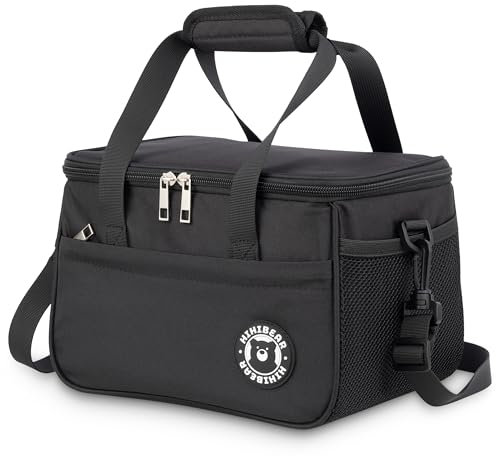 HIHIBEAR Bolsa Termica Porta Alimentos 9L, [ Forro de PEVA resistente a las fugas ] Bolsa Nevera Porta Alimentos, Bolsa Comida Trabajo, Lunch Bag, Bolsa de Almuerzo Oficina Viaje Picnic (Negro, 9L)