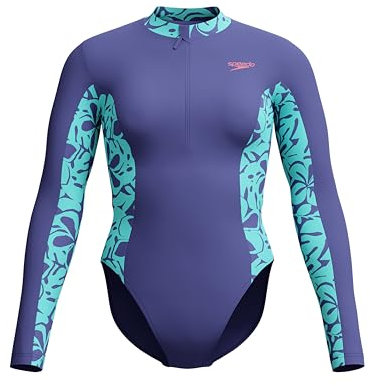 Speedo Women's Long Sleeve Panel Swimsuit Swimsuit Swimming Costume Hapuna Blue Size 38 Approx UK 16