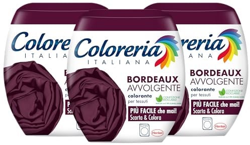 Coloreria Italiana - Tinte para tejidos y prendas en la lavadora, burdeos envolvente, 3 paquetes de 350 g