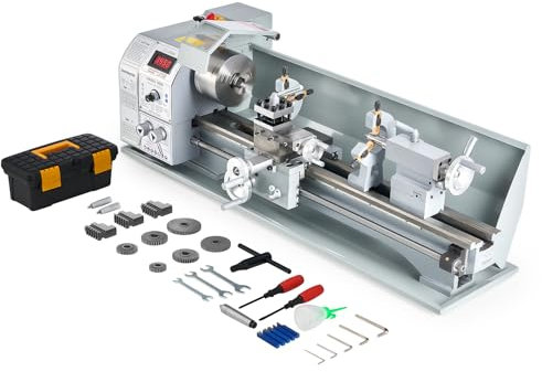 CREWORKS 1100W Mini Tour à Métaux d'Établie 220x600mm 9x24 Haute Précision avec Mandrin à 3 Mâchoires et Vitesse de Broche Max. 3000 tr/min Écran LCD pour Filetage Tournage Perçage