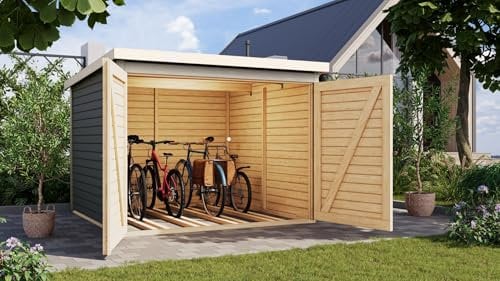 CHILLROI® Karibu Fahrradgarage aus nordischer Fichte für 4 Fahrräder – Wetterfest, 4,6 m² Grundfläche, inkl. Halterungen & Aufbauzubehör – Natürliche oder Terragraue-Optik (terragrau)