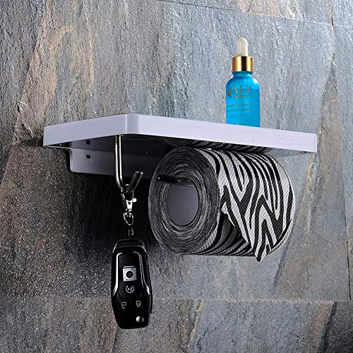 Toilet Paper Roll Holder Multifunction Square Style Bathroom Toilet Tissue Rack Wall Mount Paper Roll Holder with Hook&Spacious Shelf, White