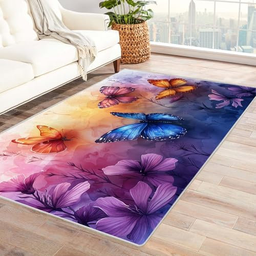 TZKRWRH Relax kuscheliger Kurzflor Teppich Natürliche Flora und Fauna Wohnzimmerteppich traditioneller Vintage-Stil maschinenwaschbar rutschfest(lila)-60x90cm