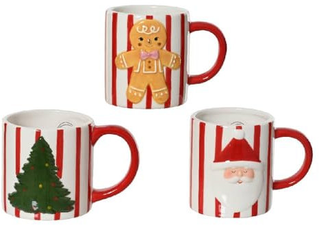 VARZI Tazza Natalizia Assortita, Design a Strisce Rosse e Bianche con Omino di Marzapane, Albero di Natale o Babbo Natale 350ml 1956