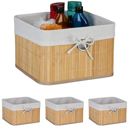 Relaxdays Aufbewahrungskorb 4er Set, Bambus, Stoffeinsatz, HBT: 20x31x31 cm, Körbchen Griffloch, Regalkorb, natur/weiß