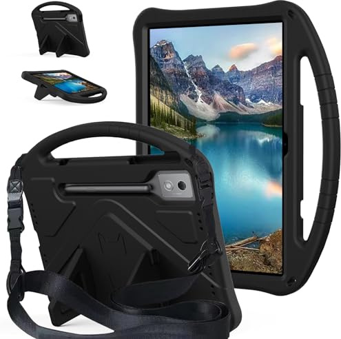HUOLUNGJIN Kinder-Tablet-Hülle, kompatibel mit Lenovo Yoga Pad Pro 12.7 Modell 2024, niedliche, leichte EVA-Schutzhülle mit verstellbarem Riemen, Ständer und Griff, Fallschutz (schwarz)