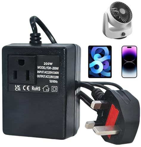Nzkeuf 200W Step-Down Power Supply voltage converter, Step Down Transformer 220V/240V to 110V/120V, US to UK Voltage Converter, Travel Power Adapter for Home, Hotel, WiFi, POS and Power Bank