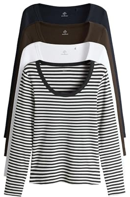 THE SET Damen gerippte Shirts mit U-Ausschnitt, 4er-Pack