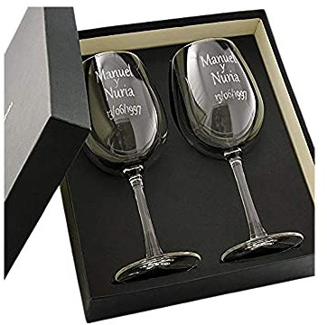 Calledelregalo Estuche de Dos Copas de Vino Personalizadas - Regalo Personalizado para Parejas, Copas de Vino de cristal grabadas con el Texto Que tú Quieras.