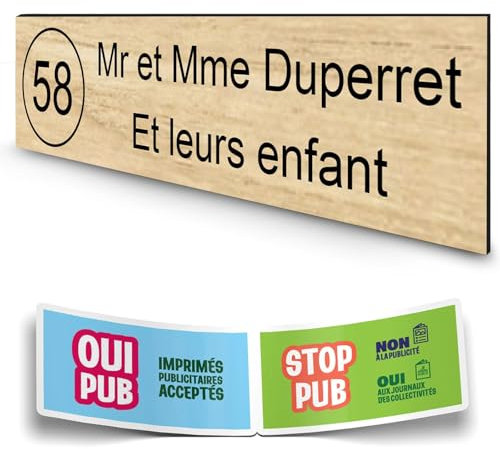 DECOHO - Plaque Boite aux Lettres personnalisée adhésive - Plastique Durable Effet Bois Clair Lettres Noires - 100x25 mm + Stickers Stop - Marron