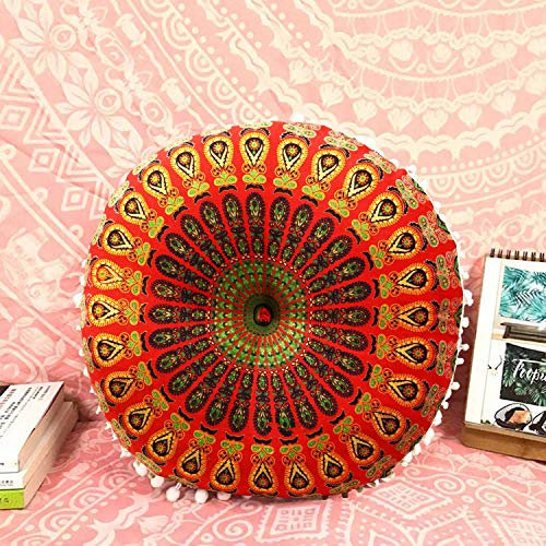 Casa Moro Indisches Yogakissen Mandala Saira Rot & Grün mit Füllung Ø 55cm x Höhe 12cm rund aus Baumwolle | Orientalisches Sitzkissen Zierkissen Boho Chillkissen | MA4206