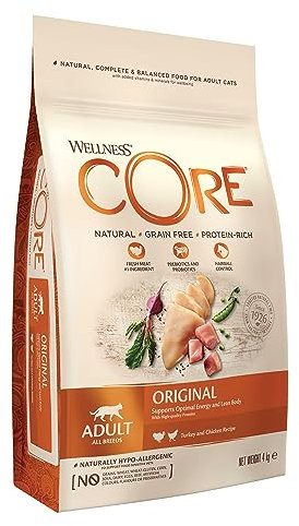 Wellness CORE Original, Pute & Huhn, 4 kg, Katzenfutter trocken für ausgewachsene Katzen, ohne Zuckerzusatz, getreidefrei, mit hohem Fleischanteil, beugt Haarballen vor