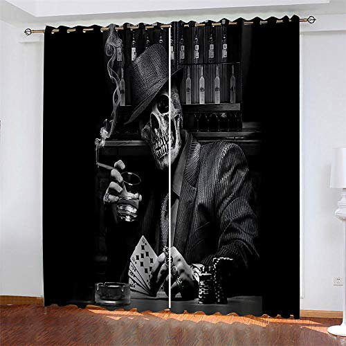 WJYYUD Kind 2er-Set Verdunkelungs Vorhang, Totenkopf Spielkarten Kinder Gardinen Ösen Gardine Blickdicht Thermo Polyester Schlafzimmer Vorhänge Dekoratives Muster Européen 214 x 183 cm (HxB)