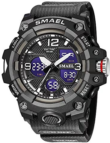 SMAEL Herren-Armbanduhr, Militär, Outdoor, wasserdicht, Sport-Armbanduhr, Datum, Multifunktions-LED-Wecker, Stoppuhr, digitale Uhren für Herren, Schwarz, Large Face, Digital