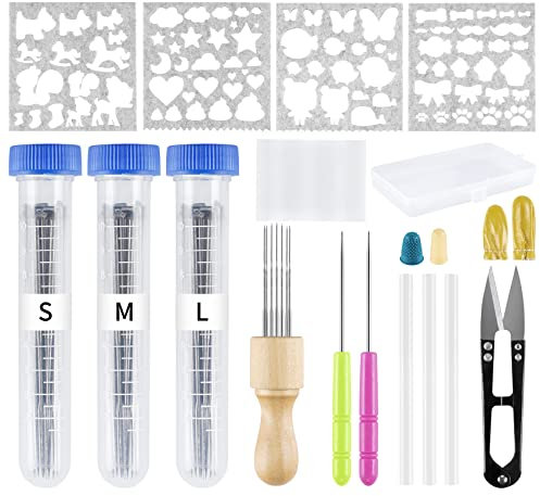 Homewit 65 Stück Filznadeln zum Trockenfilzen Set,Nadelfilzzubehör mit Filznadeln in 3 Größen, Filznadelgriff aus Holz, Prikelnadeln Set, Filznadeln Set für Anfänger oder Profis