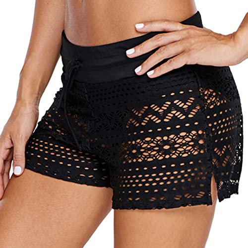 Ulicox Short de Bain Femme Séchage Rapide Été Maillot de Bain Short Femme Cordon de Serrage Réglable Shorty de Natation Dentelle Ajourée Bas de Maillot pour Plage Surf Noir XXL