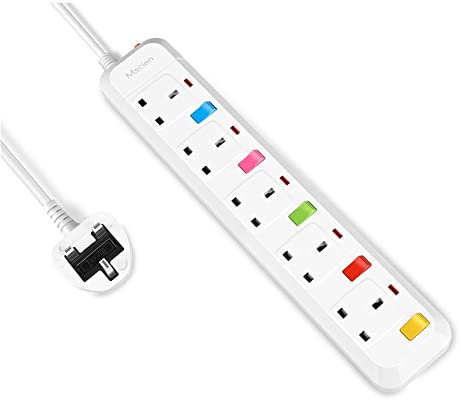 3M Extension Lead 5 Way Individually Switches, Mscien Extension Sockets Wall Mountable Extension Cord with 3 Meter Cable (Including Main Product) 5 Gang Random Switch