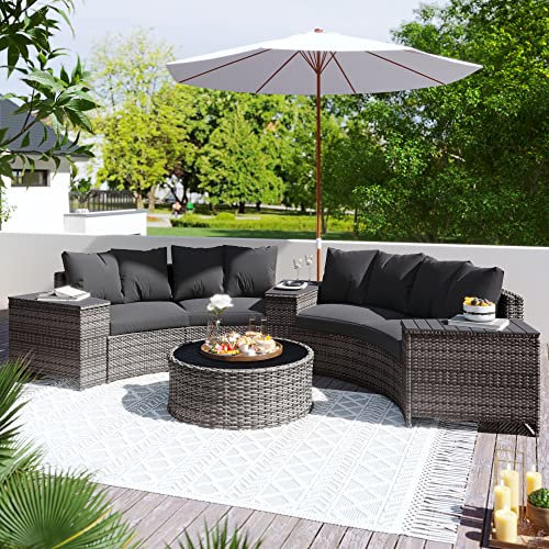 Mingfuxin Rattan-Garten-Ecksofa-Set, fächerförmiges Rattan-Sofa mit rundem Couchtisch, Gartenmöbel-Set mit grauen Anti-UV-Kissen, abnehmbare Bezüge (fächerförmig)