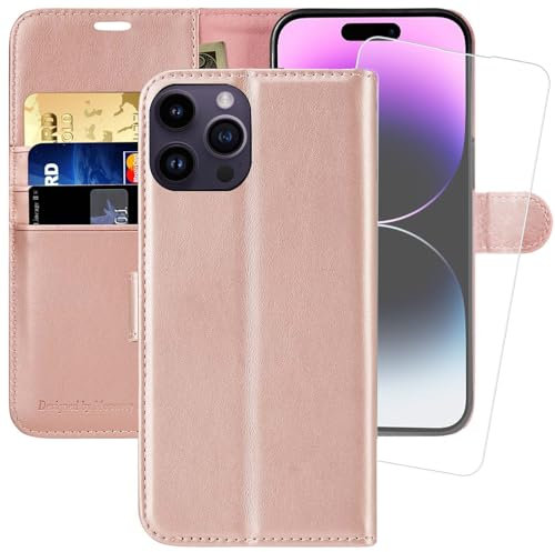 MONASAY Wallet Case for Apple iPhone 14 Pro Max 5G,6.7-inch,[Glass Screen Protector Included] [RFID Blocking] Flip Folio Leather Cell Phone Cover with Credit Card Holder,Rosegold