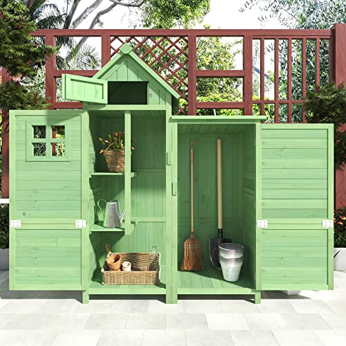 Gartenschrank Holz Geräteschuppen Outdoor Schrank Gartenhaus Gerätehaus Holzhaus Werkzeugschrank mit PVC Dach Wasserfest (Grün 118.5 x 54.3 x 173 cm)