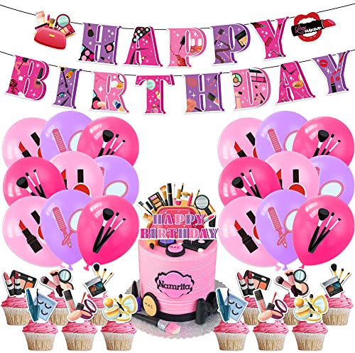 ZOOMPIL Spa Geburtstagsparty Zubehör, Make Up Geburtstagsdeko, Makeup Geburtstags Party Dekorationsset mit Makeup Happy Birthday Banner, Spa Party Luftballons, Spa Makeup Kuchenaufsatz