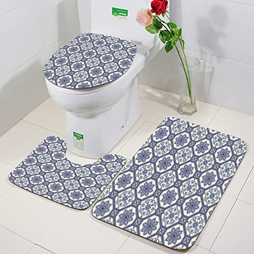 Rutschfeste Badematten 3 teiliges Set,Arabian, Arabesque Floral Oriental Persian Afghan Mittelalter Barock Fliese,Hohe Wasseraufnahme, weiche Mikrofaser, WC-Vorleger, WC-Sockelmatte, maschinenwaschbar