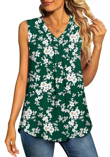Aodemo Women's Vests Summer Ladies Pleated Tops Blouses Shirts Loose Sleeveless Tank Top Chiffon Vest for Work M, Green Floret