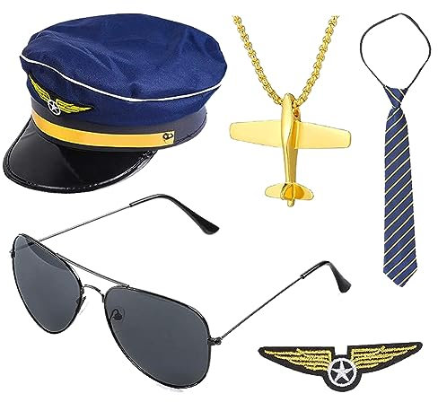 PIUMOJ Airline Pilot Captain Kostüm Set, Flieger Captain Kostüm Set, Flieger Verkleidung Accessoires mit Hüte Krawatte Sonnenbrille Abzeichen Halskette, Pilot Kostüm Zubehör Cosplay für Halloween