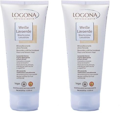 LOGONA Naturkosmetik Weiße Lavaerde Waschcreme, Cremig mit Lotusextrakt, Ghassoul, Porzellan Tonerde für Haar- & Körperpflege, Natürlich & Vegan, Ohne Tenside, 200ml (Packung mit 2)