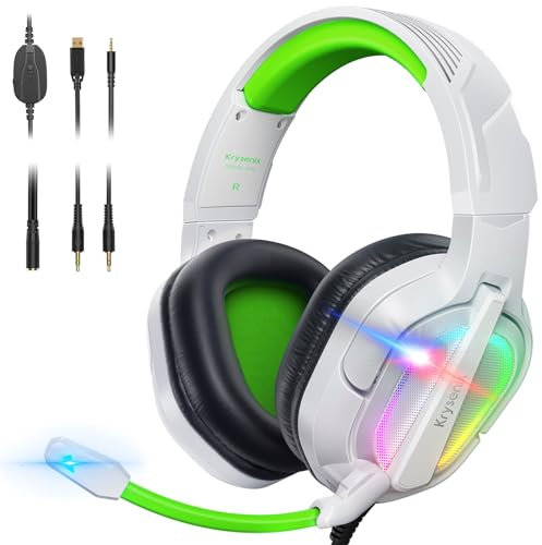 Krysenix PG2 RGB Gaming Headset für PS4, PS5, PC, Nintendo Switch, Xbox, Headset mit Mikrofon, Gaming Kopfhörer mit Mikrofon, Noise Cancelling Kopfhörer mit 3.5mm Klinke Weiß/Grün