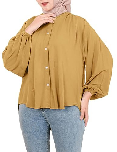 Hdhdeueh Damen Turkey Hijab Muslimisches Oberteil, Rundhalsausschnitt, einfarbig, langärmelig, Chemise, islamisches Hemd, gelb, XXL