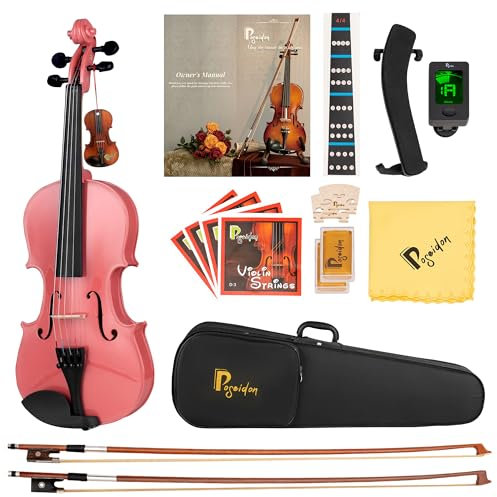 Poseidon Akustische Violine, 1/4 Größe, Rosa - Violine Set mit Geige für Schüler, Starter Kit, Hartschalenkoffer, Bogen, Kolophonium, Pferdebrücke, extra Saiten, Schulterstütze, Stimmgerät