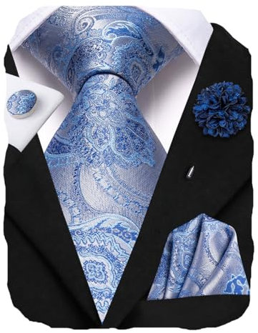 Hi-Tie Herren-Krawatten-Set, Seide, gestreift, gewebt, Krawatte mit Anstecknadel, Einstecktuch, Manschettenknöpfe, Set für Hochzeit, Party, Hellblau und Silber, Medium