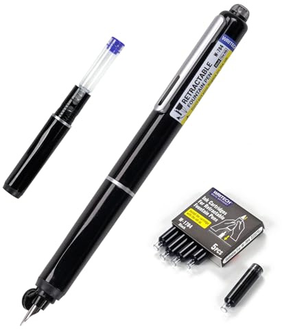 WRITECH Retractable Fountain Pen Set: Fine Nib Black Ink Pens Includes 5 Ink Cartridges Smooth Writing for Sketching Journaling Calligraphy Gift (Black)