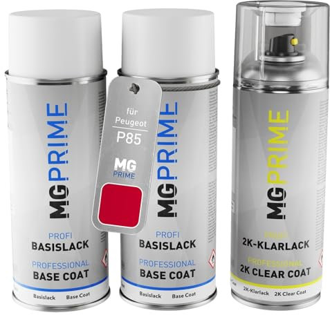 MG PRIME Autolack 2K Spraydosen Set für Peugeot P85 Rouge Lips/Lips Rot Grundlack Basislack 2 Komponenten Klarlack Sprühdose