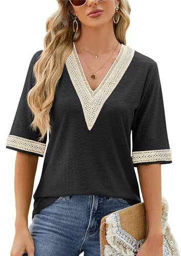 Atxnn Women's T-Shirts Half Sleeve Tops V Neck Blouses Summer Boho Shirts with Lace Trim Elegant Eyelet Tunic Top, Black Medium