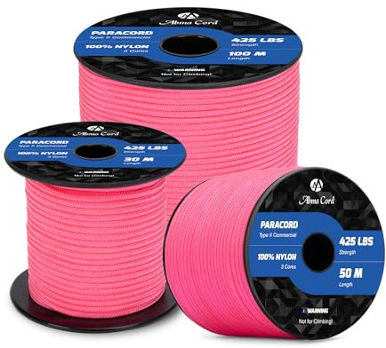 Abma Cord Paracord 3mm 30M 100% Nylon Seil Paracord 425 Typ II Schnur mit 3 Kern für Basteln, Camping, Survival - Max. 192kg (425lbs) - Neon Pink