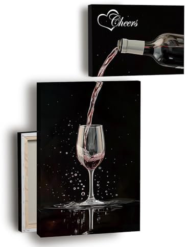 Nekiwa Framed Canvas Wall Art, Wine Bar Wall Decor, Black & White Wall Art for Kitchen, 2 Panels Frame (Wine with cheers)