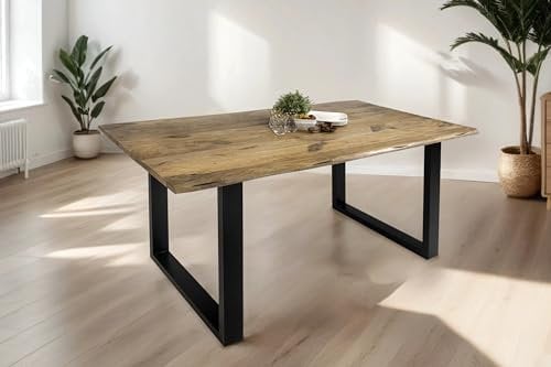 SAM Esstisch Tiger 180 x 90 cm, Mangoholz massiv & naturfarben, Baumkantentisch mit U-Metallgestell in Schwarz, echte Baumkante, Esszimmertisch in Vintage-Optik