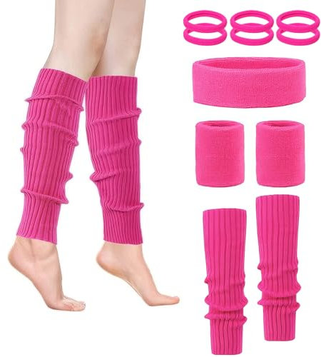 Puedno 80er Jahre Neon Pink Beinwärmer Set, Schweißband Set, Strümpfe Haarband Stulpen 80er 90er Jahre Accessoires für Damen