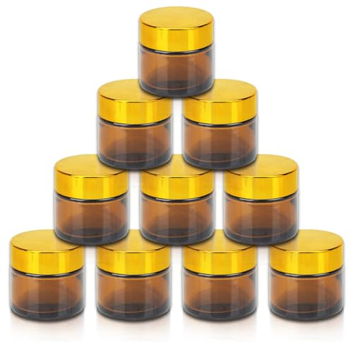 Fanchu 10 tarros de crema vacíos de cristal ámbar, frascos de crema de 10 ml para rellenar, recipientes de cristal con tapa y forro para cosméticos, cremas, lociones, aceites esenciales