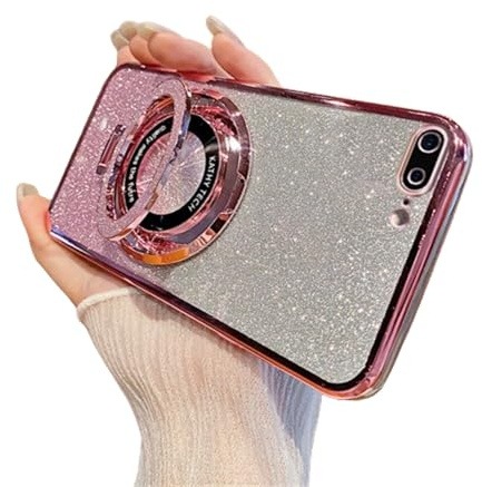 QIWEIQING Glitter Case for iPhone 8 Plus, Electroplate Flash Shell for Girls Women Ring Stand Function Camera Protector Shockproof Transparent TPU Cover for iPhone 6 Plus / 7 Plus Pink DS